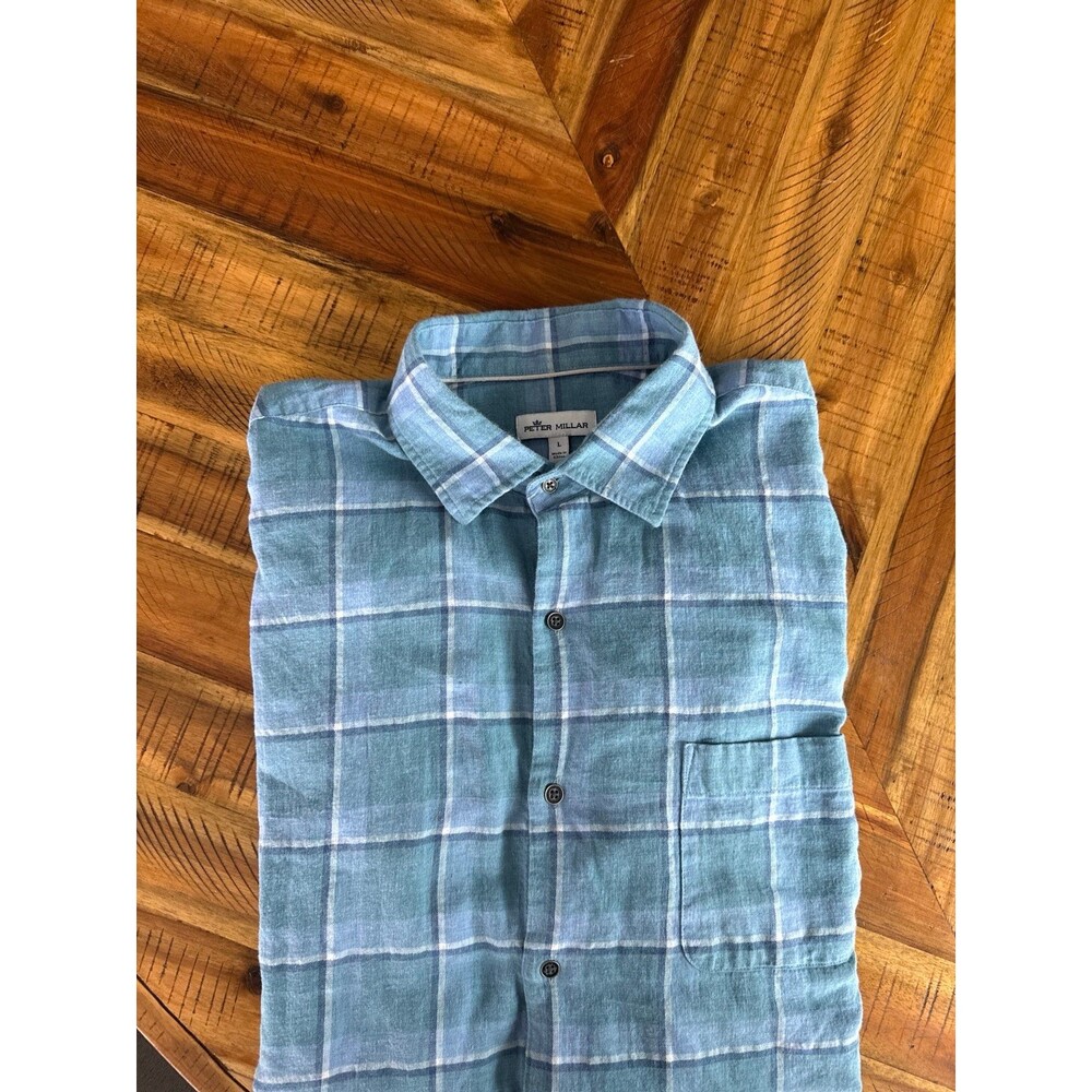 Peter Millar Button-Up Blue Long Sleeve Shirt - Plaid Preppy Business Casual L